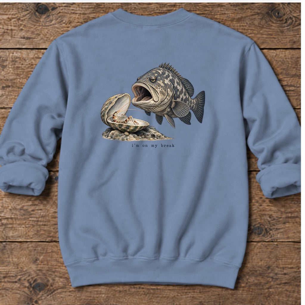 I'm on My Break Shrimp Back Design Midweight Sweatshirt in Stone Blue, Salty Paws Midweight Sweatshirt, back design flat lay