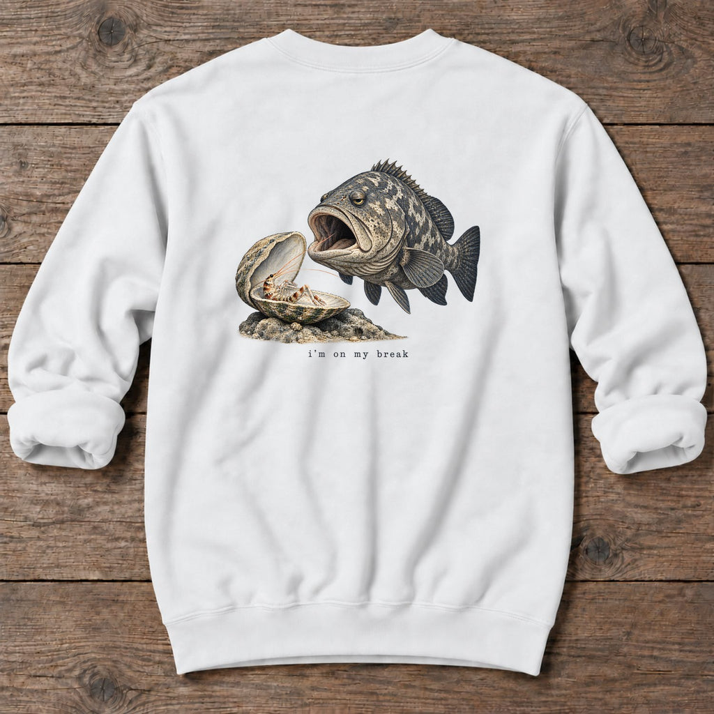I'm on My Break Shrimp Back Design Midweight Sweatshirt in White, Salty Paws Midweight Sweatshirt, back design flat lay