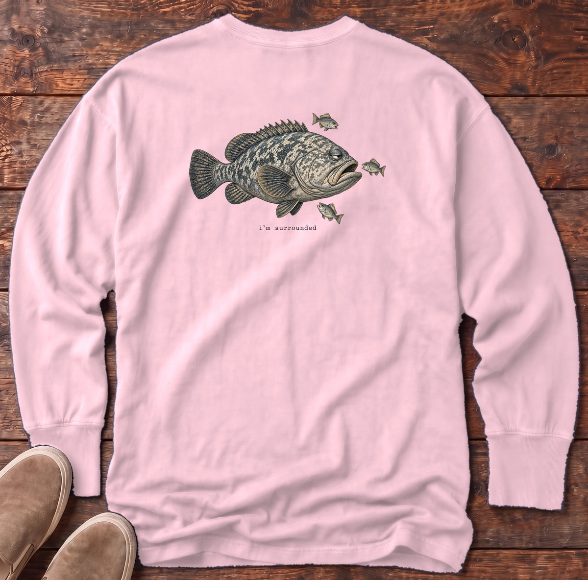 I'm Surrounded Grouper Back Design Long Sleeve Tee Comfort Colors in Blossom, Salty Paws Comfort Colors Long Sleeve Tee, back design flat lay