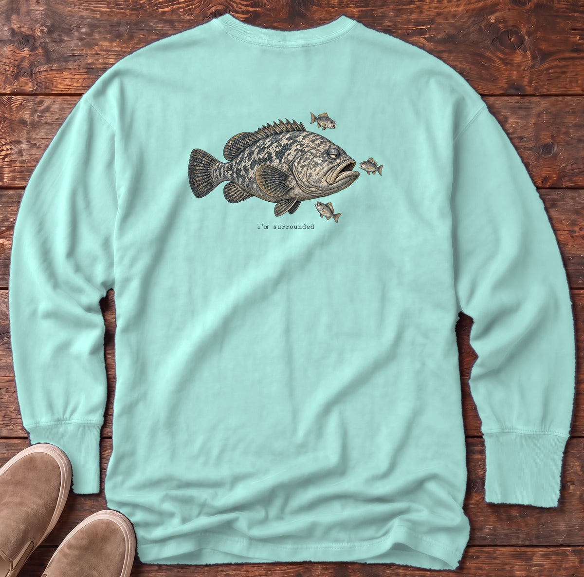 I'm Surrounded Grouper Back Design Long Sleeve Tee Comfort Colors in Chalky Mint, Salty Paws Comfort Colors Long Sleeve Tee, back design flat lay