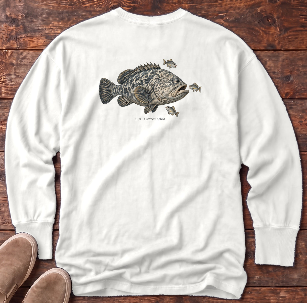 I'm Surrounded Grouper Back Design Long Sleeve Tee Comfort Colors in White, Salty Paws Comfort Colors Long Sleeve Tee, back design flat lay