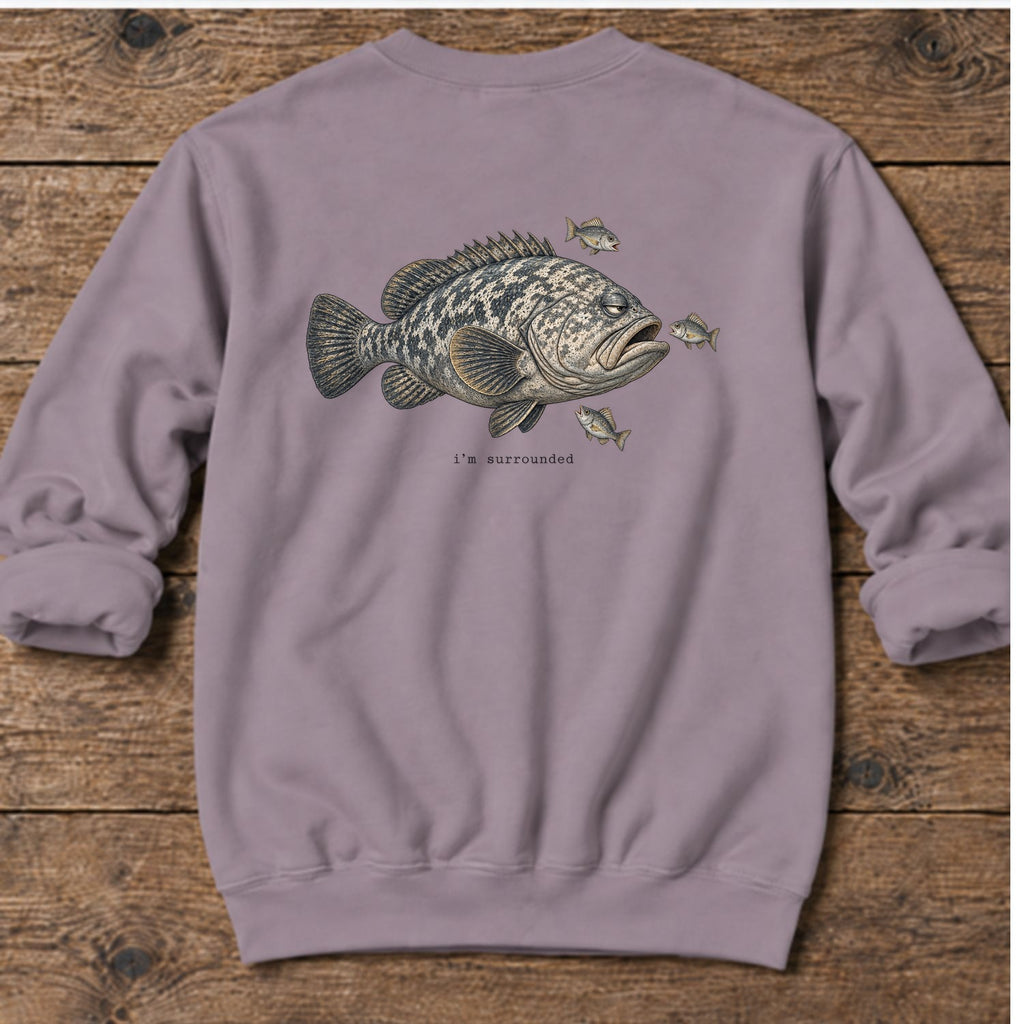 I'm Surrounded Grouper Back Design Midweight Sweatshirt in Paragon, Salty Paws Midweight Sweatshirt, back design flat lay