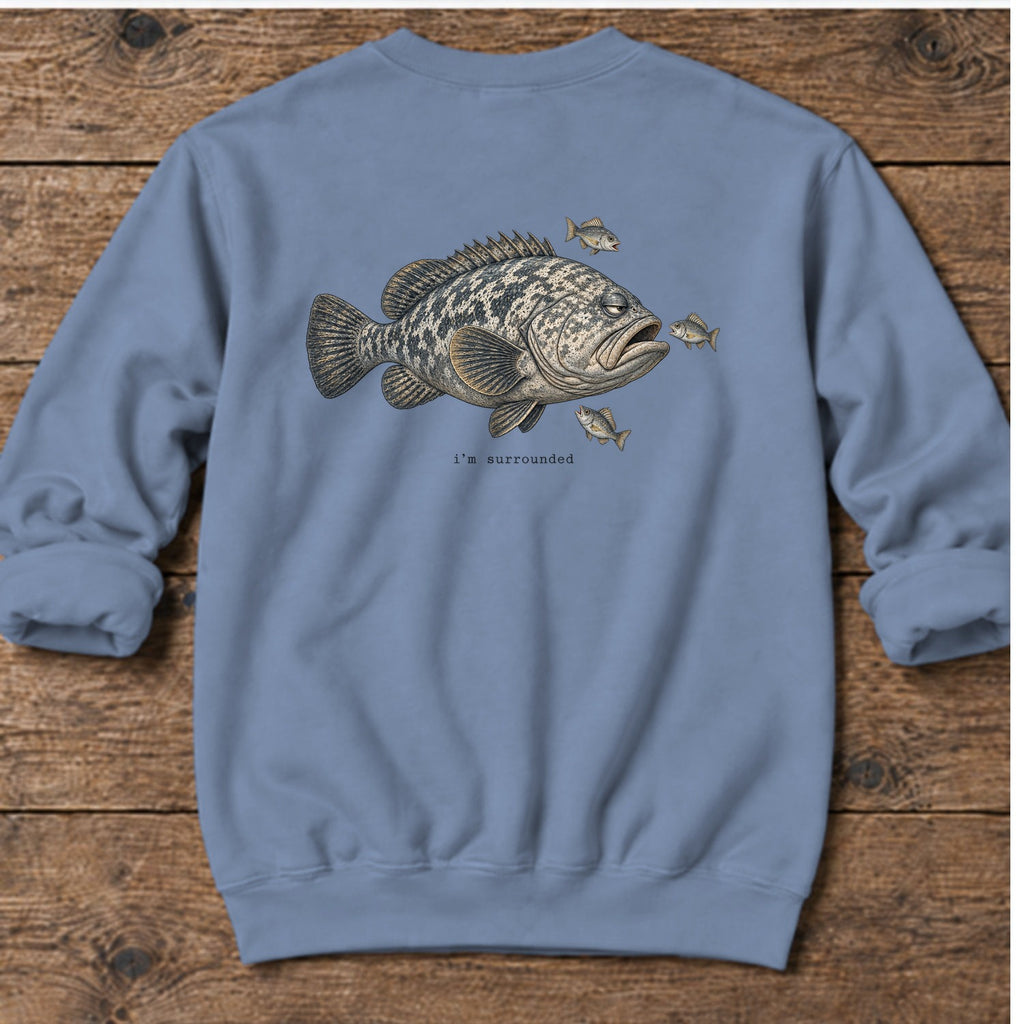 I'm Surrounded Grouper Back Design Midweight Sweatshirt in Stone Blue, Salty Paws Midweight Sweatshirt, back design flat lay