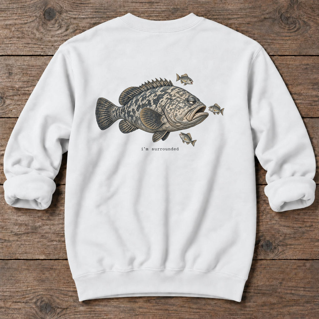 I'm Surrounded Grouper Back Design Midweight Sweatshirt in White, Salty Paws Midweight Sweatshirt, back design flat lay