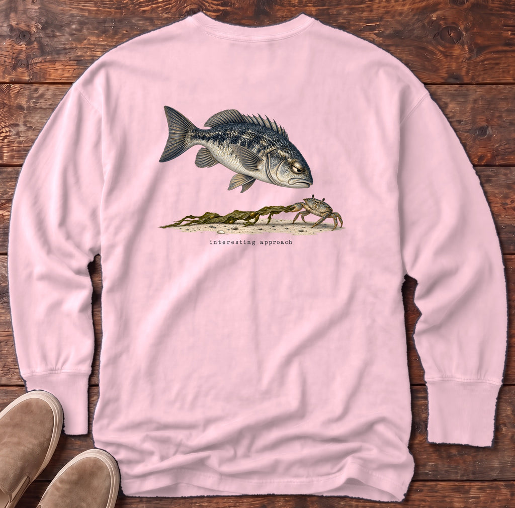 Interesting Approach Crab Back Design Long Sleeve Tee Comfort Colors in Blossom, Salty Paws Comfort Colors Long Sleeve Tee, back design flat lay