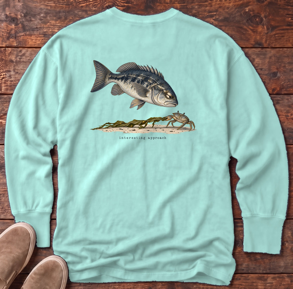 Interesting Approach Crab Back Design Long Sleeve Tee Comfort Colors in Chalky Mint, Salty Paws Comfort Colors Long Sleeve Tee, back design flat lay