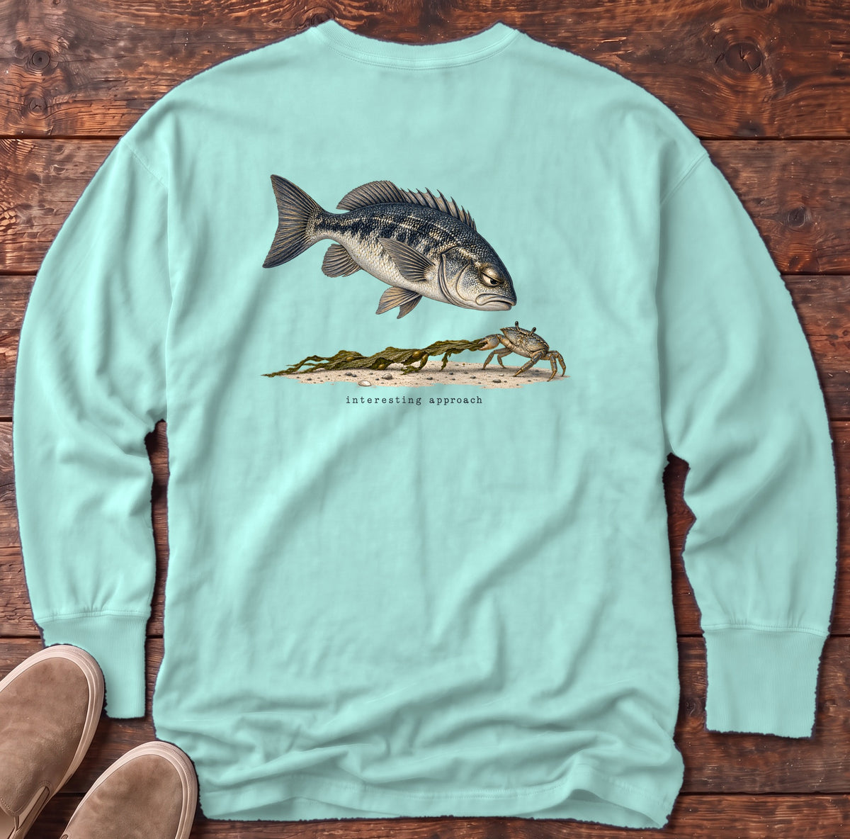 Interesting Approach Crab Back Design Long Sleeve Tee Comfort Colors in Chalky Mint, Salty Paws Comfort Colors Long Sleeve Tee, back design flat lay
