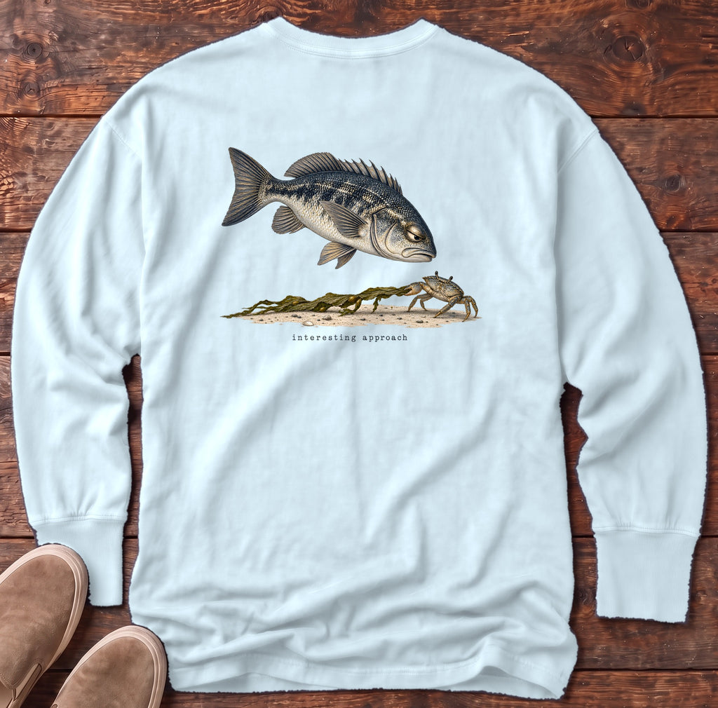 Interesting Approach Crab Back Design Long Sleeve Tee Comfort Colors in Chambray, Salty Paws Comfort Colors Long Sleeve Tee, back design flat lay