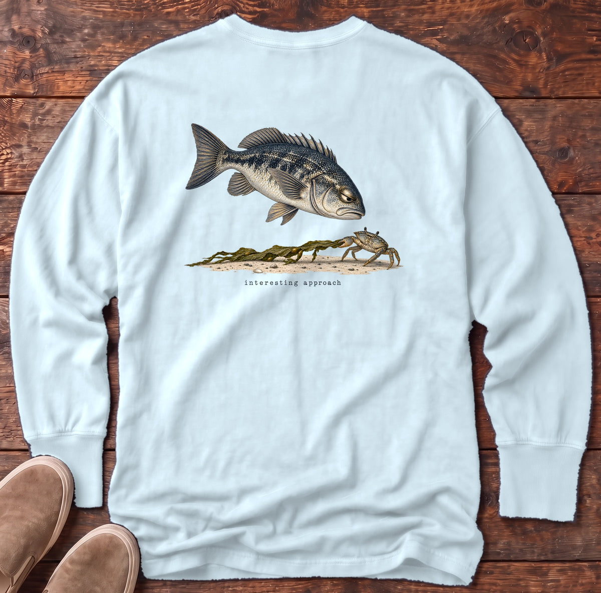 Interesting Approach Crab Back Design Long Sleeve Tee Comfort Colors in Chambray, Salty Paws Comfort Colors Long Sleeve Tee, back design flat lay