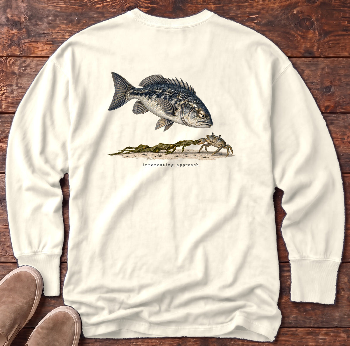 Interesting Approach Crab Back Design Long Sleeve Tee Comfort Colors in Ivory, Salty Paws Comfort Colors Long Sleeve Tee, back design flat lay