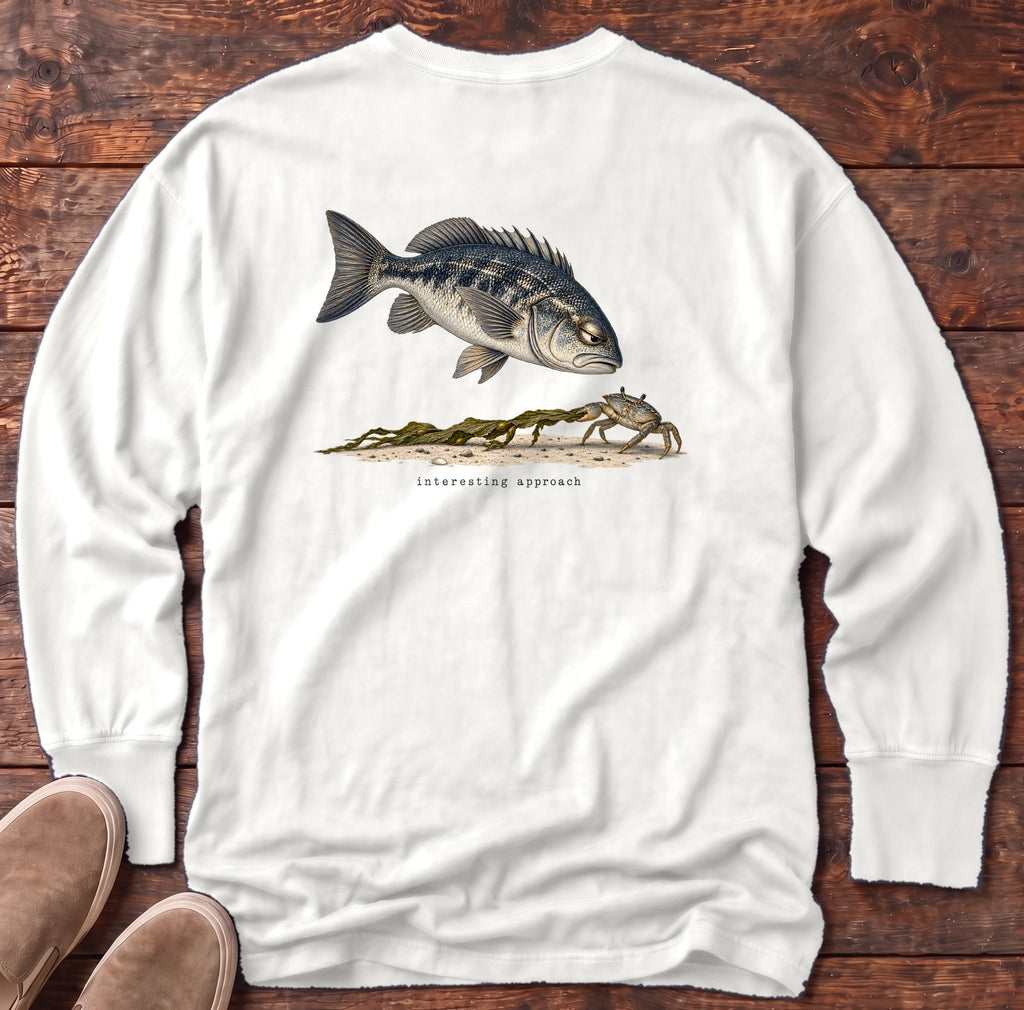 Interesting Approach Crab Back Design Long Sleeve Tee Comfort Colors in White, Salty Paws Comfort Colors Long Sleeve Tee, back design flat lay