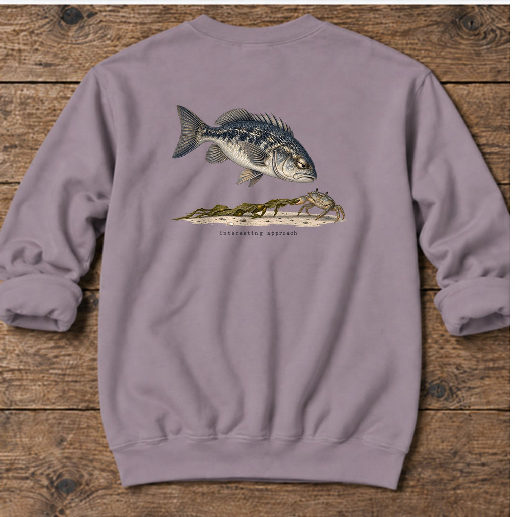 Interesting Approach Crab Back Design Midweight Sweatshirt in Paragon, Salty Paws Midweight Sweatshirt, back design flat lay