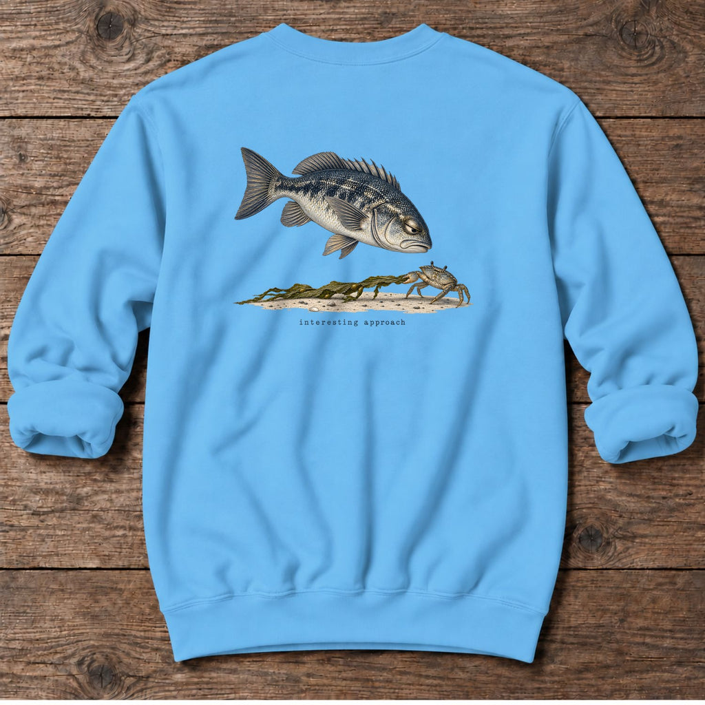 Interesting Approach Crab Back Design Midweight Sweatshirt in Sky, Salty Paws Midweight Sweatshirt, back design flat lay