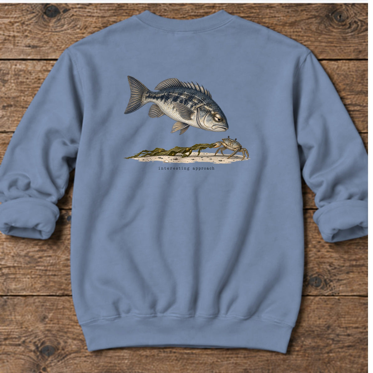 Interesting Approach Crab Back Design Midweight Sweatshirt in Stone Blue, Salty Paws Midweight Sweatshirt, back design flat lay