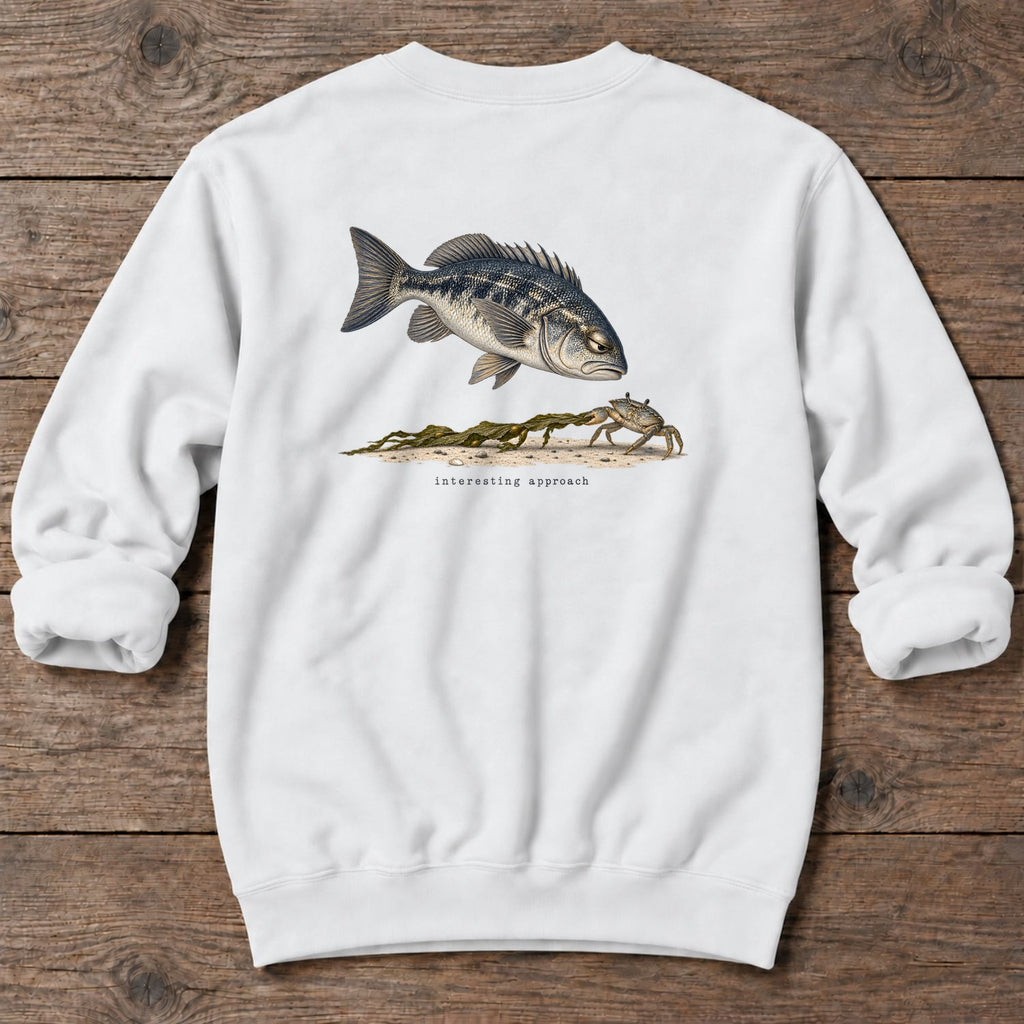 Interesting Approach Crab Back Design Midweight Sweatshirt in White, Salty Paws Midweight Sweatshirt, back design flat lay