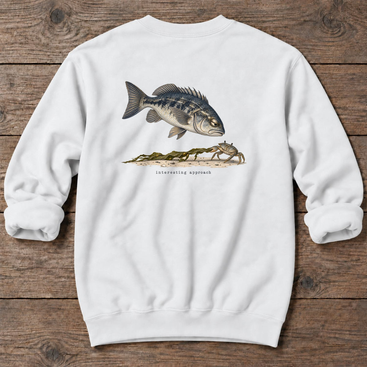 Interesting Approach Crab Back Design Midweight Sweatshirt in White, Salty Paws Midweight Sweatshirt, back design flat lay