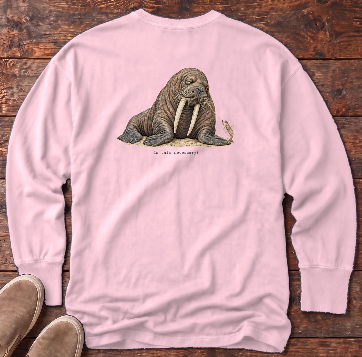 Is This Necessary? Walrus Back Design Long Sleeve Tee Comfort Colors in Blossom, Salty Paws Comfort Colors Long Sleeve Tee, back design flat lay