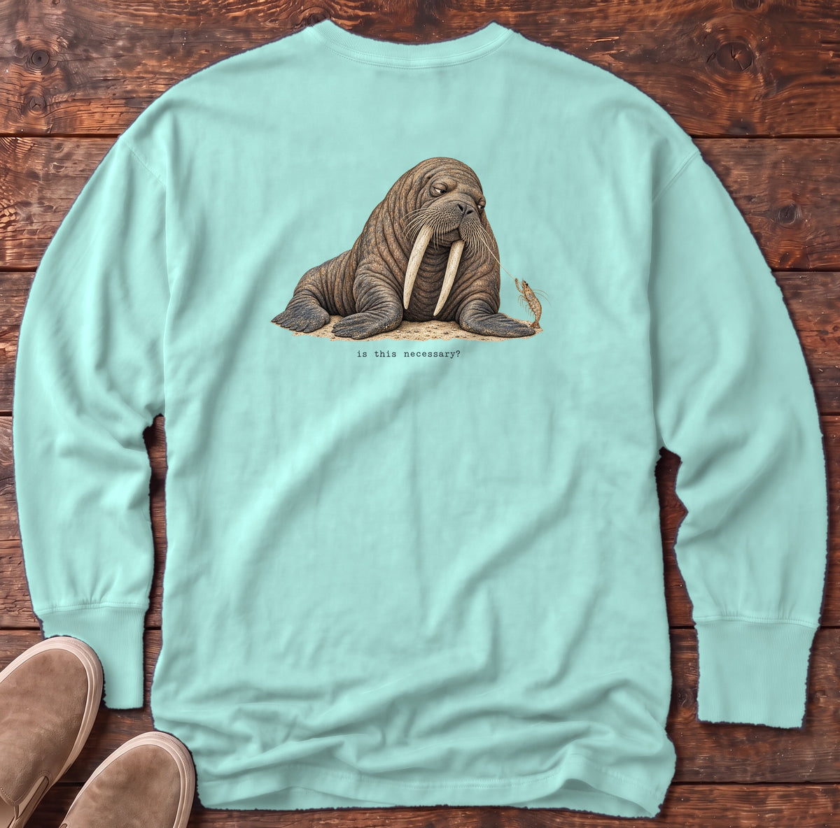 Is This Necessary? Walrus Back Design Long Sleeve Tee Comfort Colors in Chalky Mint, Salty Paws Comfort Colors Long Sleeve Tee, back design flat lay