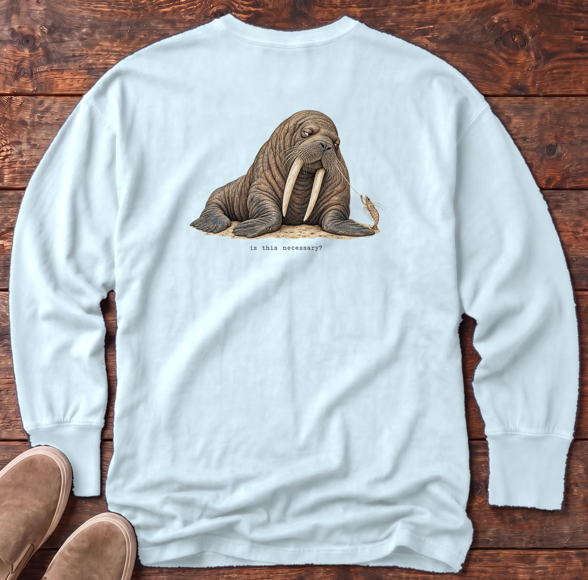 Is This Necessary? Walrus Back Design Long Sleeve Tee Comfort Colors in Chambray, Salty Paws Comfort Colors Long Sleeve Tee, back design flat lay