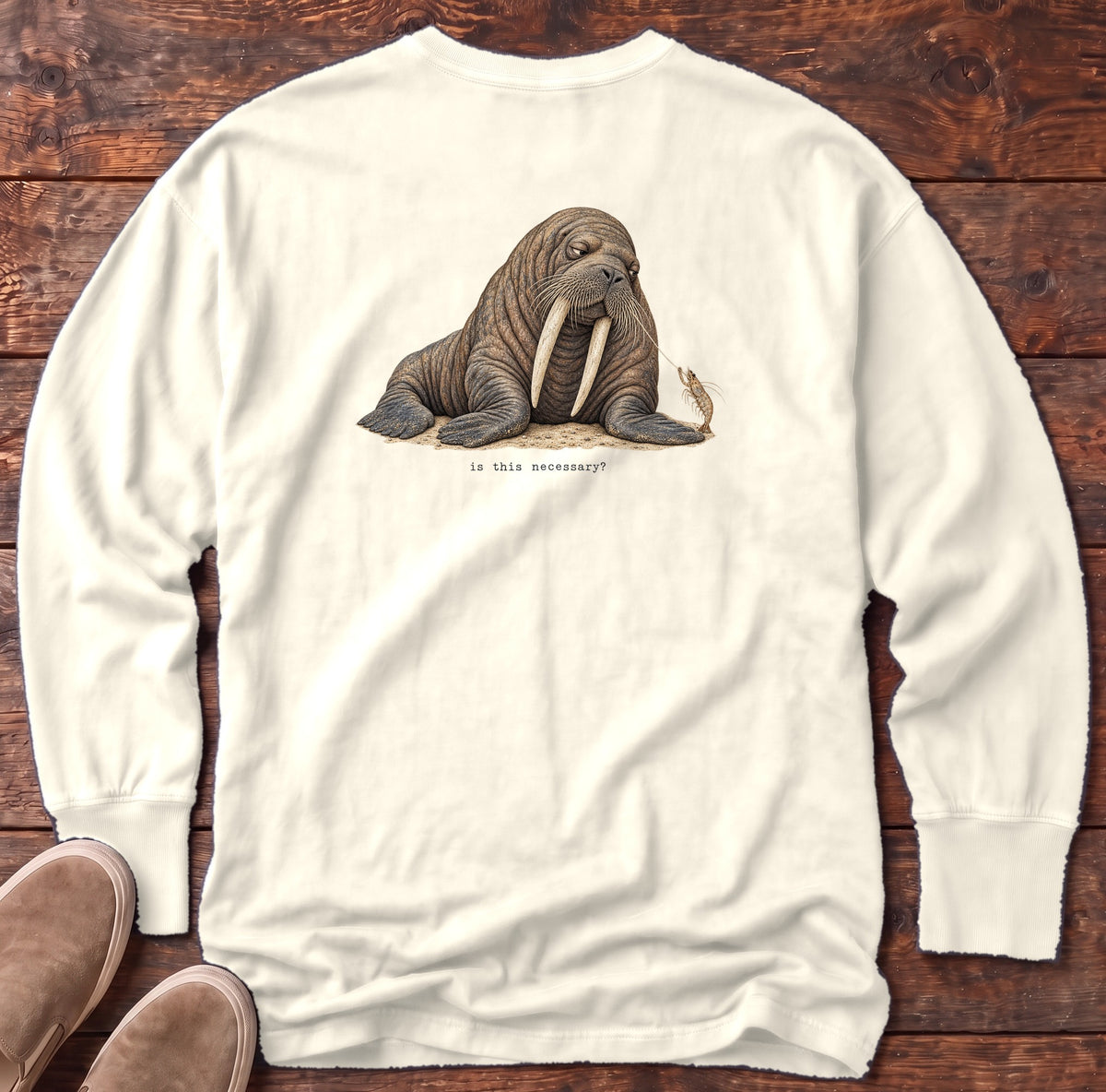 Is This Necessary? Walrus Back Design Long Sleeve Tee Comfort Colors in Ivory, Salty Paws Comfort Colors Long Sleeve Tee, back design flat lay