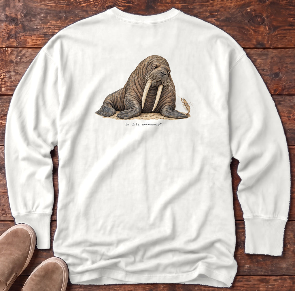 Is This Necessary? Walrus Back Design Long Sleeve Tee Comfort Colors in White, Salty Paws Comfort Colors Long Sleeve Tee, back design flat lay