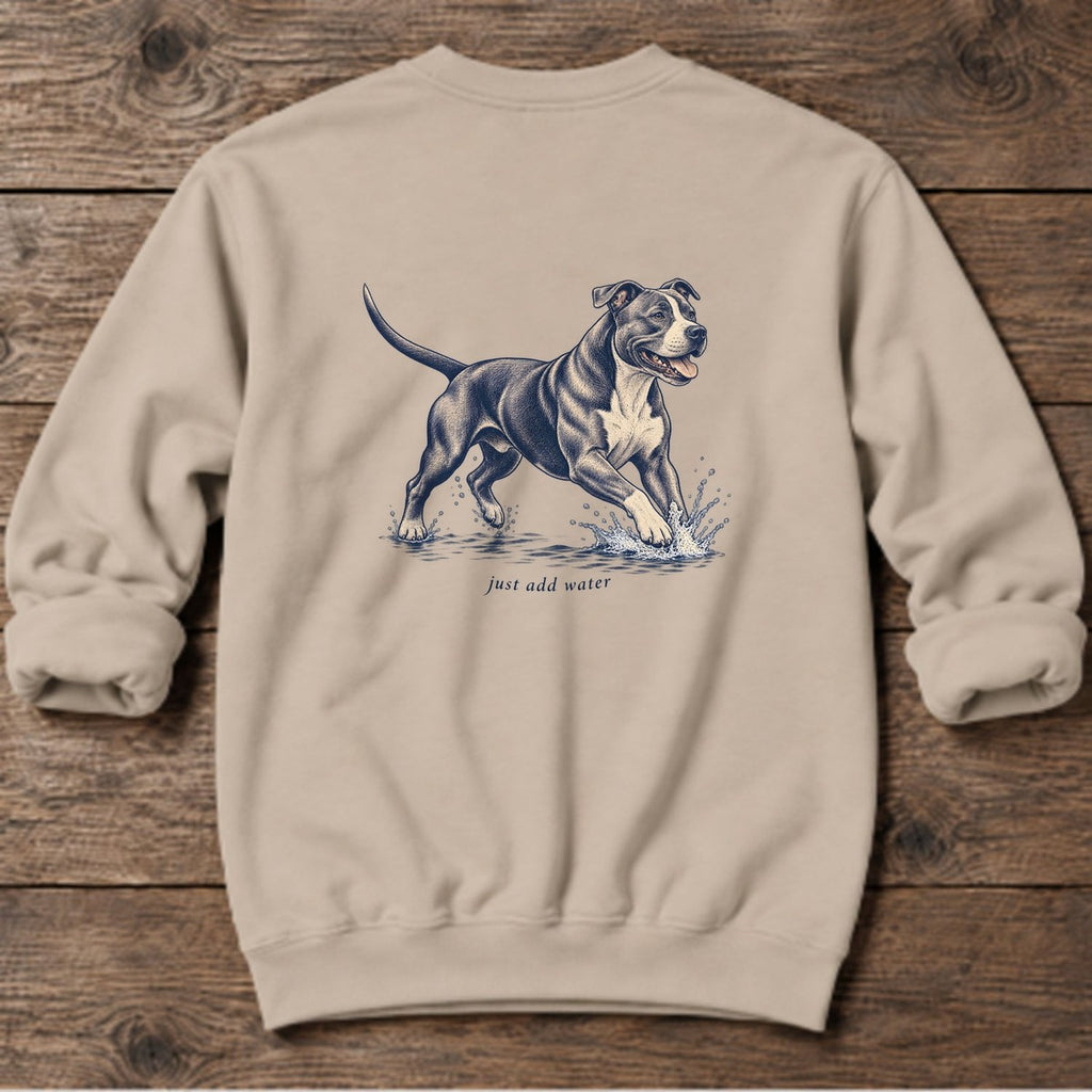 Just Add Water Pit Bull Back Design Midweight Sweatshirt in Sand, Salty Paws Midweight Sweatshirt, back design flat lay