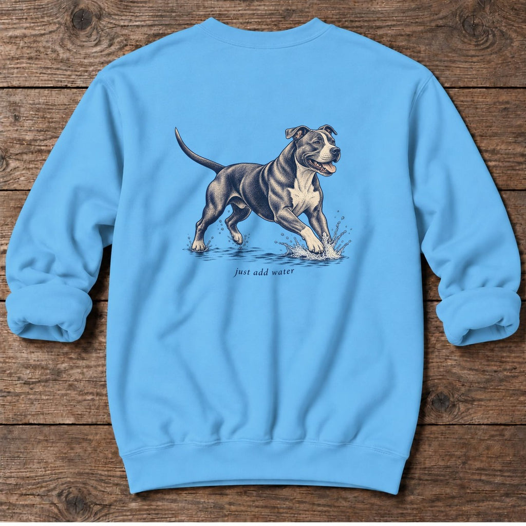 Just Add Water Pit Bull Back Design Midweight Sweatshirt in Sky, Salty Paws Midweight Sweatshirt, back design flat lay