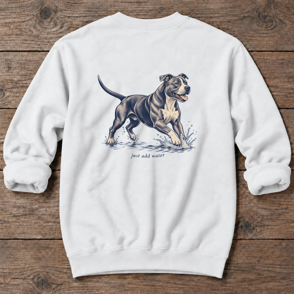 Just Add Water Pit Bull Back Design Midweight Sweatshirt in White, Salty Paws Midweight Sweatshirt, back design flat lay