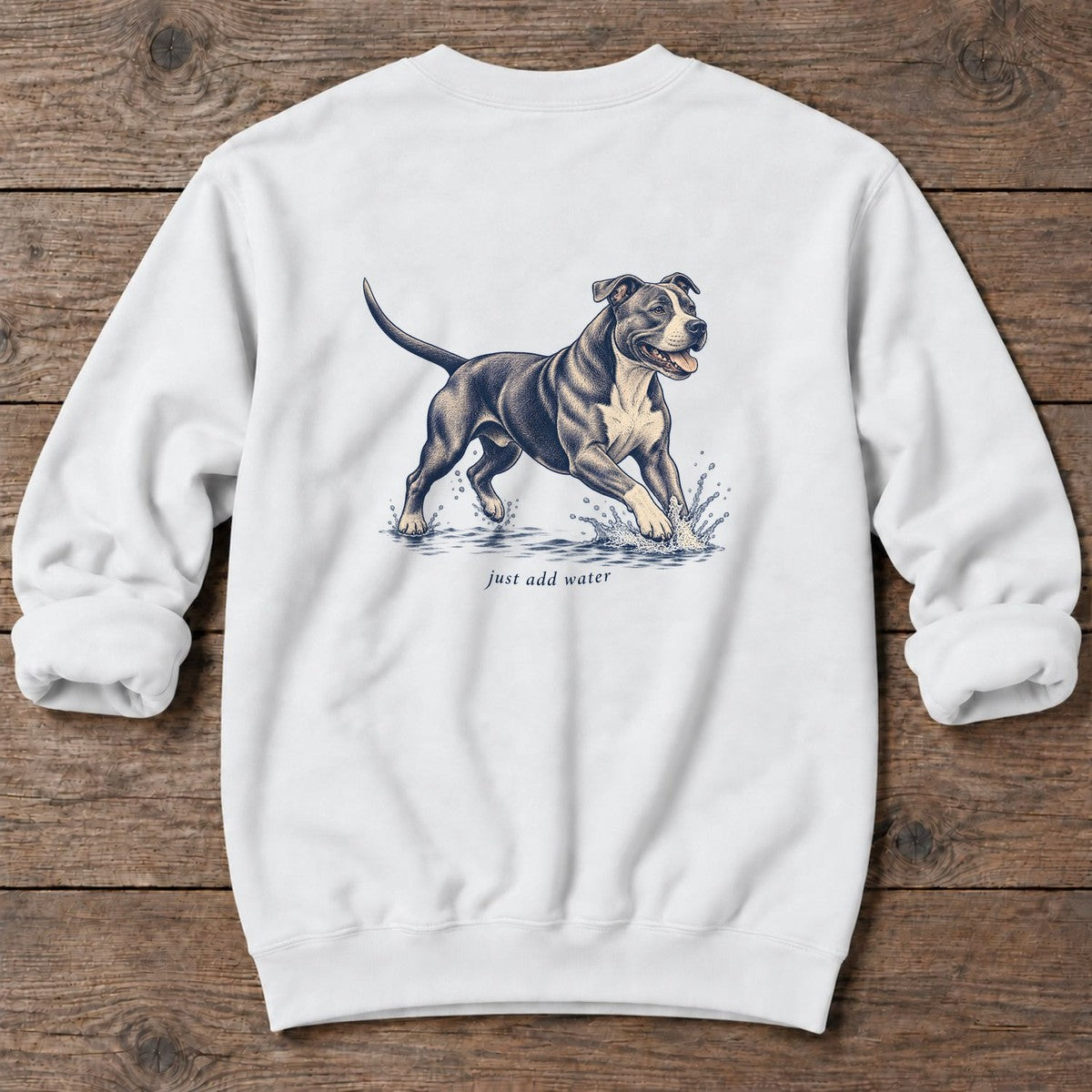 Just Add Water Pit Bull Back Design Midweight Sweatshirt in White, Salty Paws Midweight Sweatshirt, back design flat lay