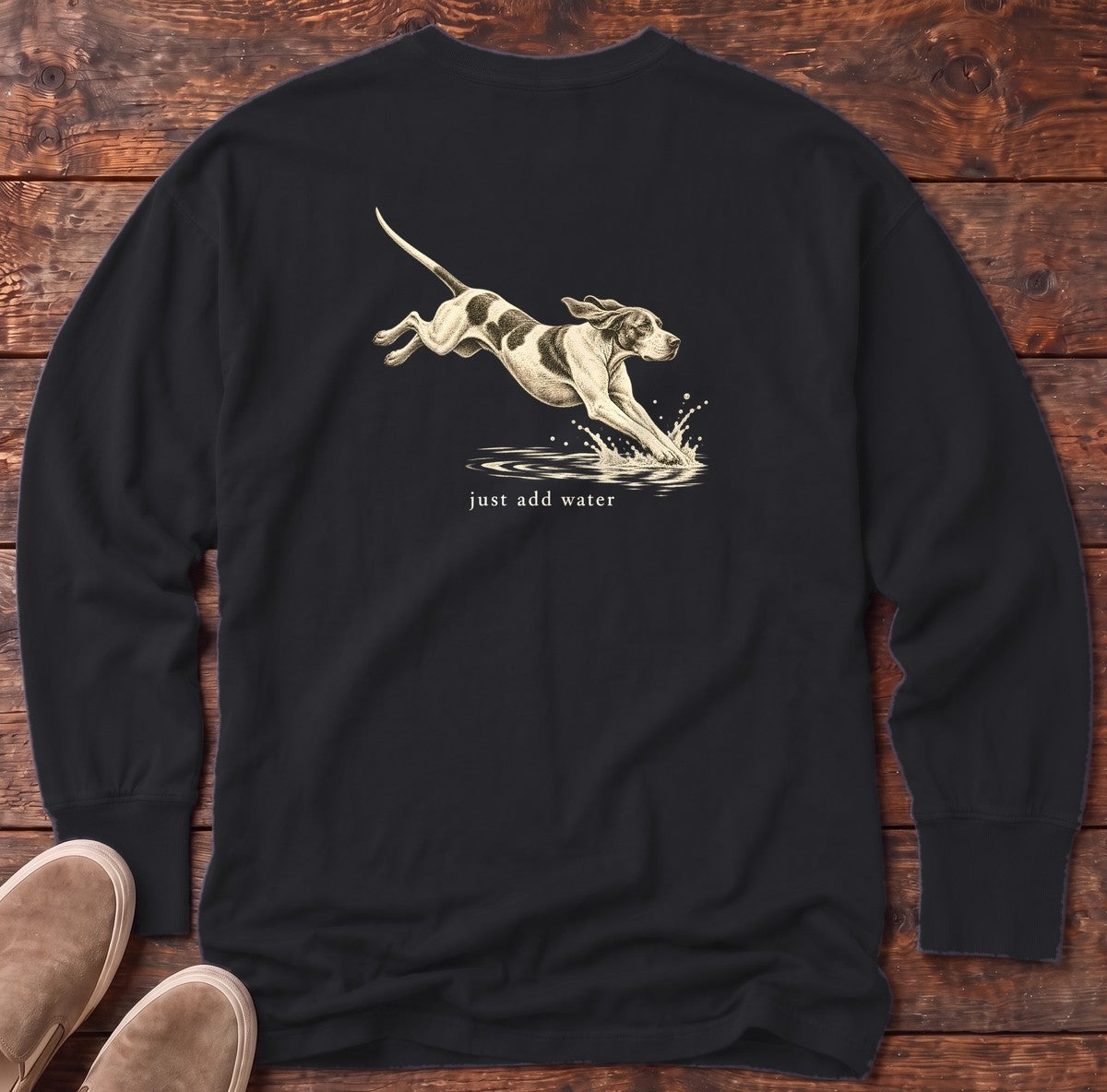 Just Add Water Pointer Back Design Long Sleeve Tee in Black, Salty Paws Comfort Colors Long Sleeve Tee, back design flat lay