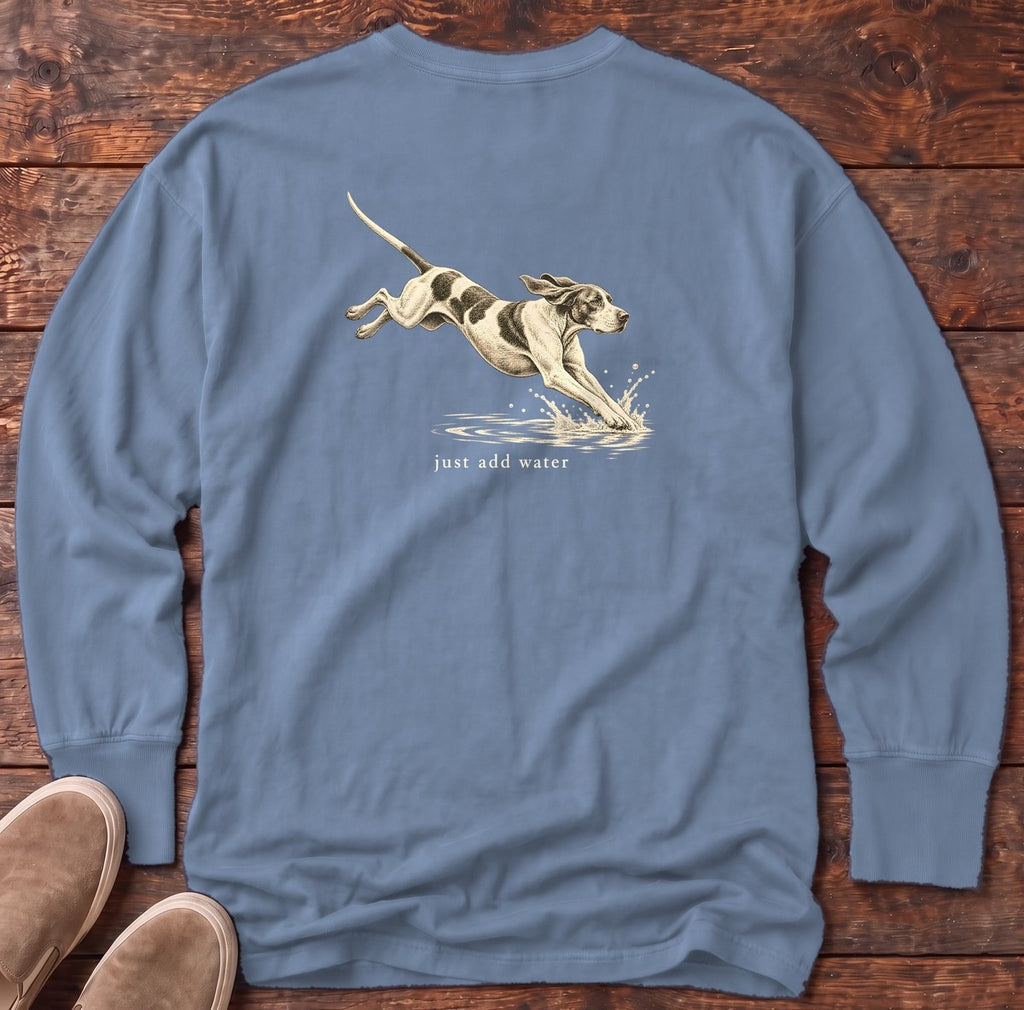 Just Add Water Pointer Back Design Long Sleeve Tee in Blue Jean, Salty Paws Comfort Colors Long Sleeve Tee, back design flat lay