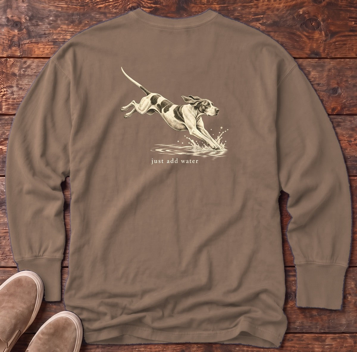 Just Add Water Pointer Back Design Long Sleeve Tee in Espresso, Salty Paws Comfort Colors Long Sleeve Tee, back design flat lay