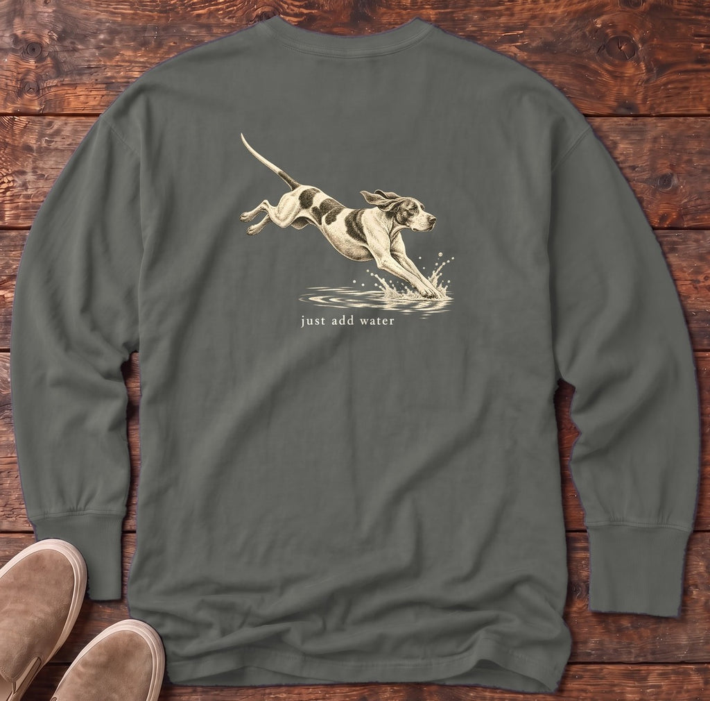 Just Add Water Pointer Back Design Long Sleeve Tee in Pepper, Salty Paws Comfort Colors Long Sleeve Tee, back design flat lay