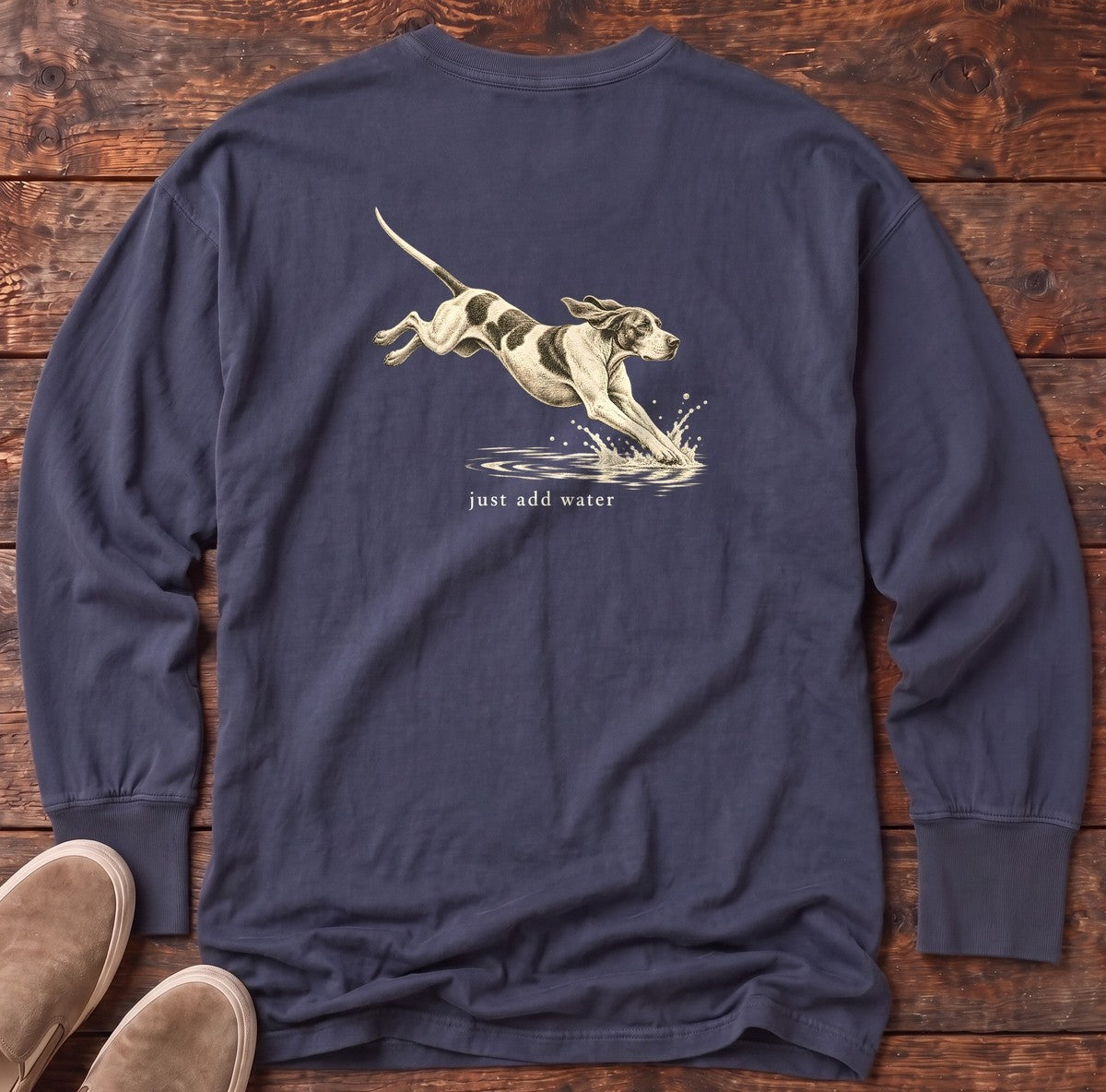 Just Add Water Pointer Back Design Long Sleeve Tee in True Navy, Salty Paws Comfort Colors Long Sleeve Tee, back design flat lay