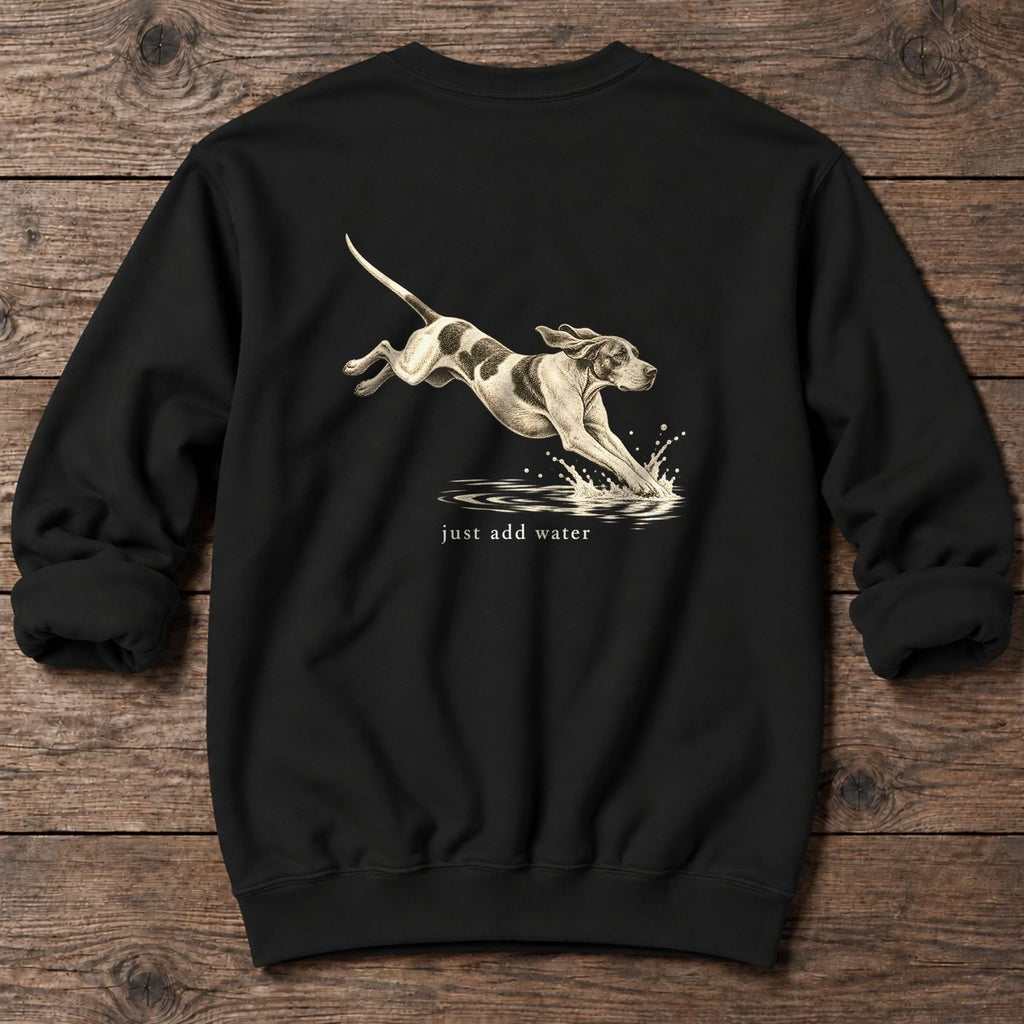 Just Add Water Pointer Back Design Midweight Sweatshirt in Black, Salty Paws Midweight Sweatshirt, back design flat lay