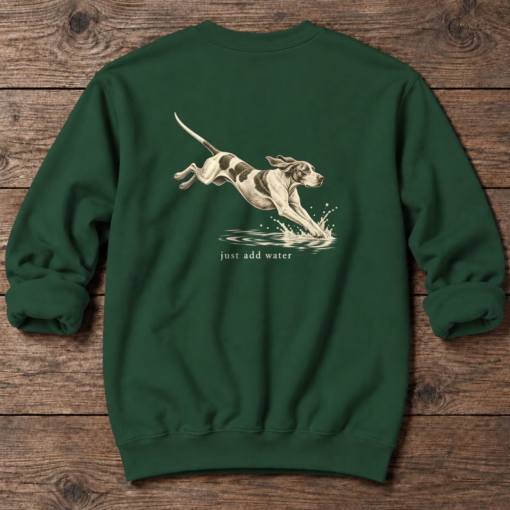Just Add Water Pointer Back Design Midweight Sweatshirt in Forest Green, Salty Paws Midweight Sweatshirt, back design flat lay