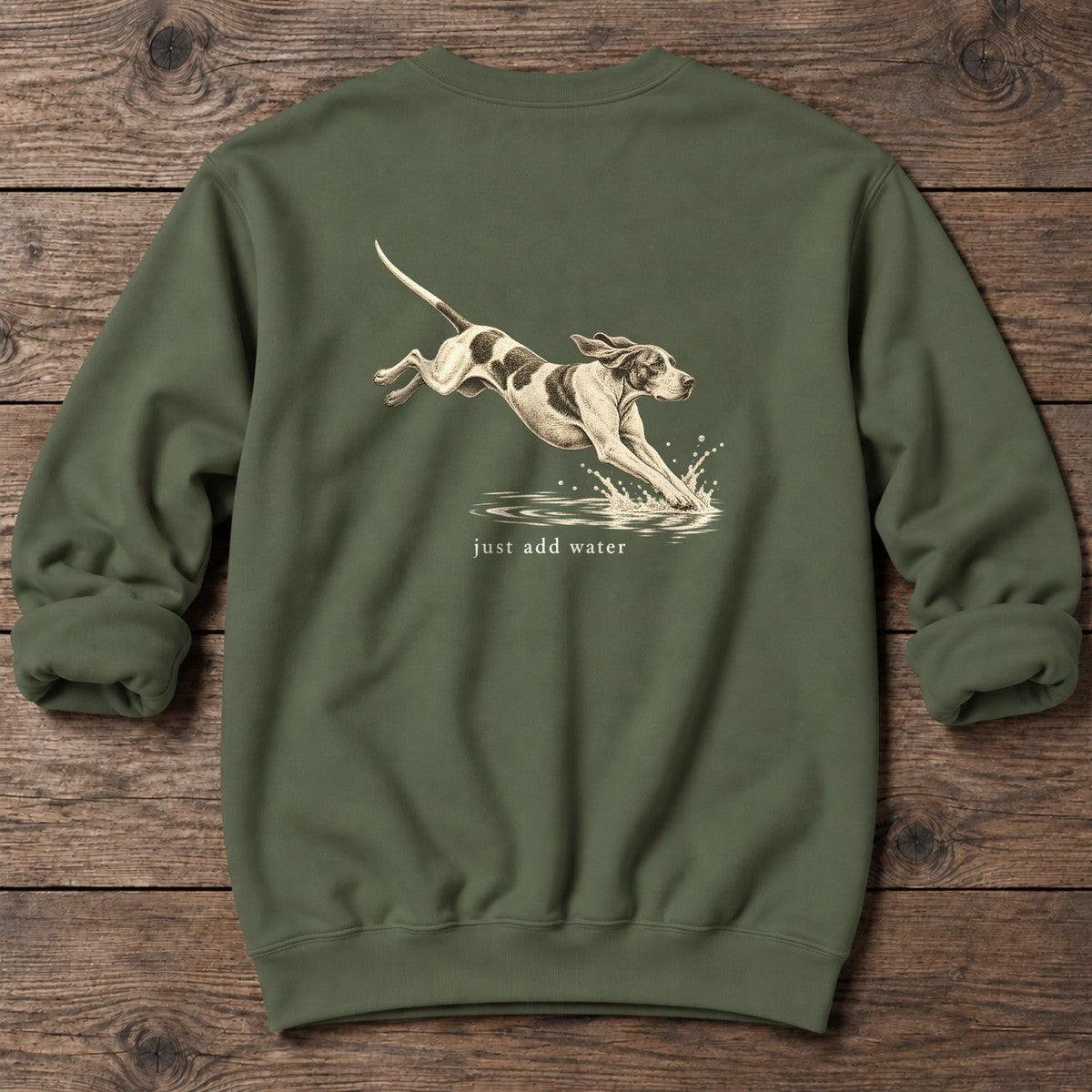 Just Add Water Pointer Back Design Midweight Sweatshirt in Military Green, Salty Paws Midweight Sweatshirt, back design flat lay