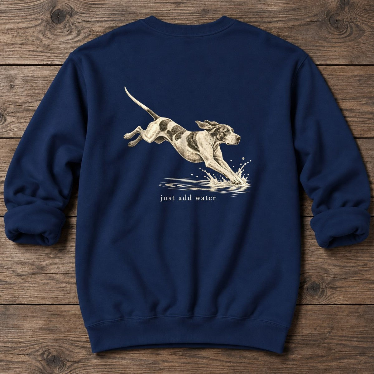 Just Add Water Pointer Back Design Midweight Sweatshirt in Navy, Salty Paws Midweight Sweatshirt, back design flat lay