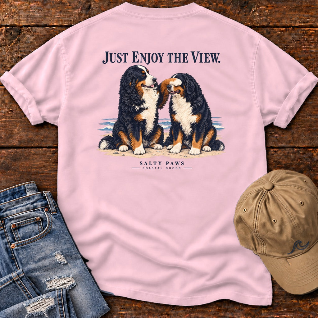 Just Enjoy the View Bernese Back Design T-Shirt in Blossom, Salty Paws Comfort Colors T-Shirt, back design flat lay