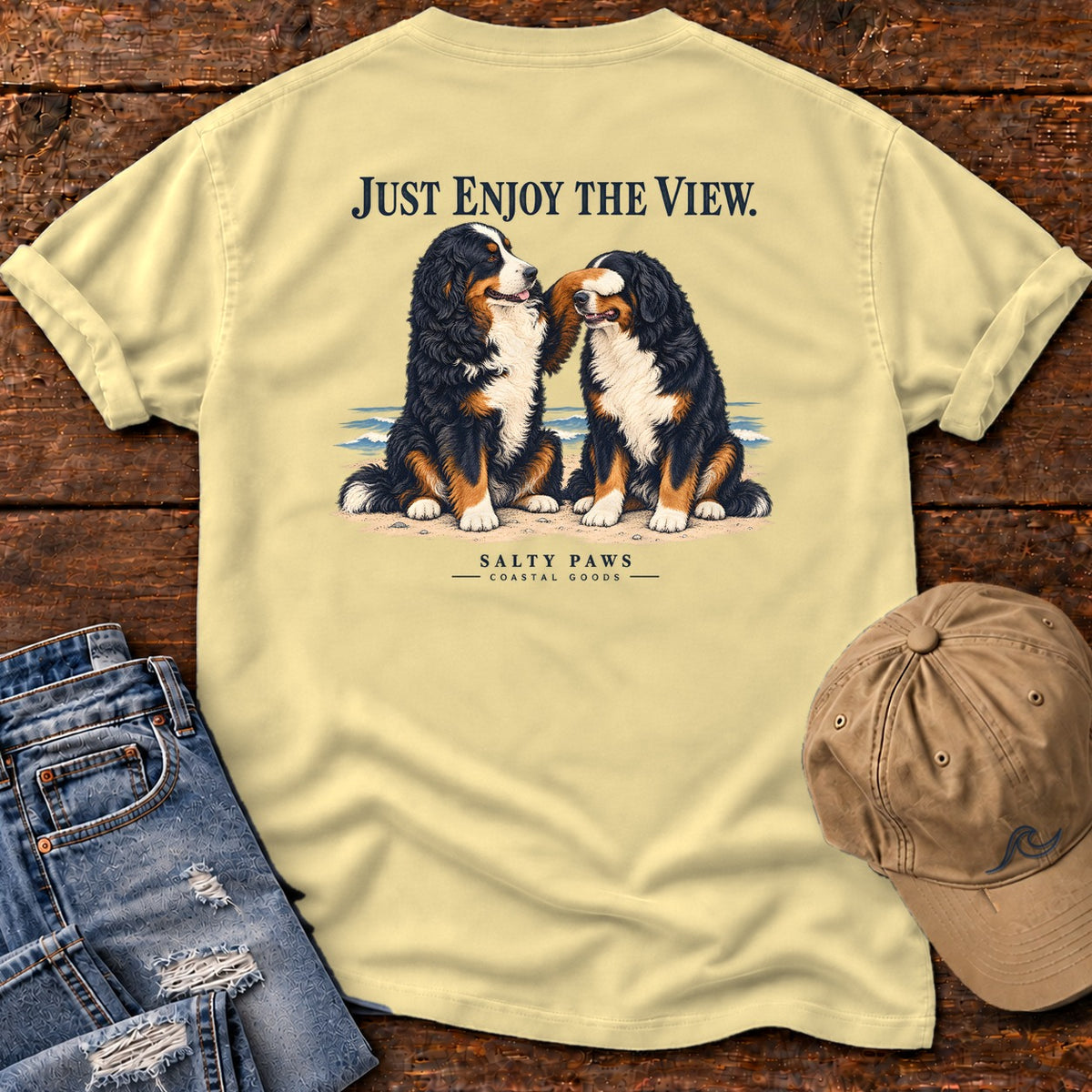 Just Enjoy the View Bernese Back Design T-Shirt in Butter, Salty Paws Comfort Colors T-Shirt, back design flat lay