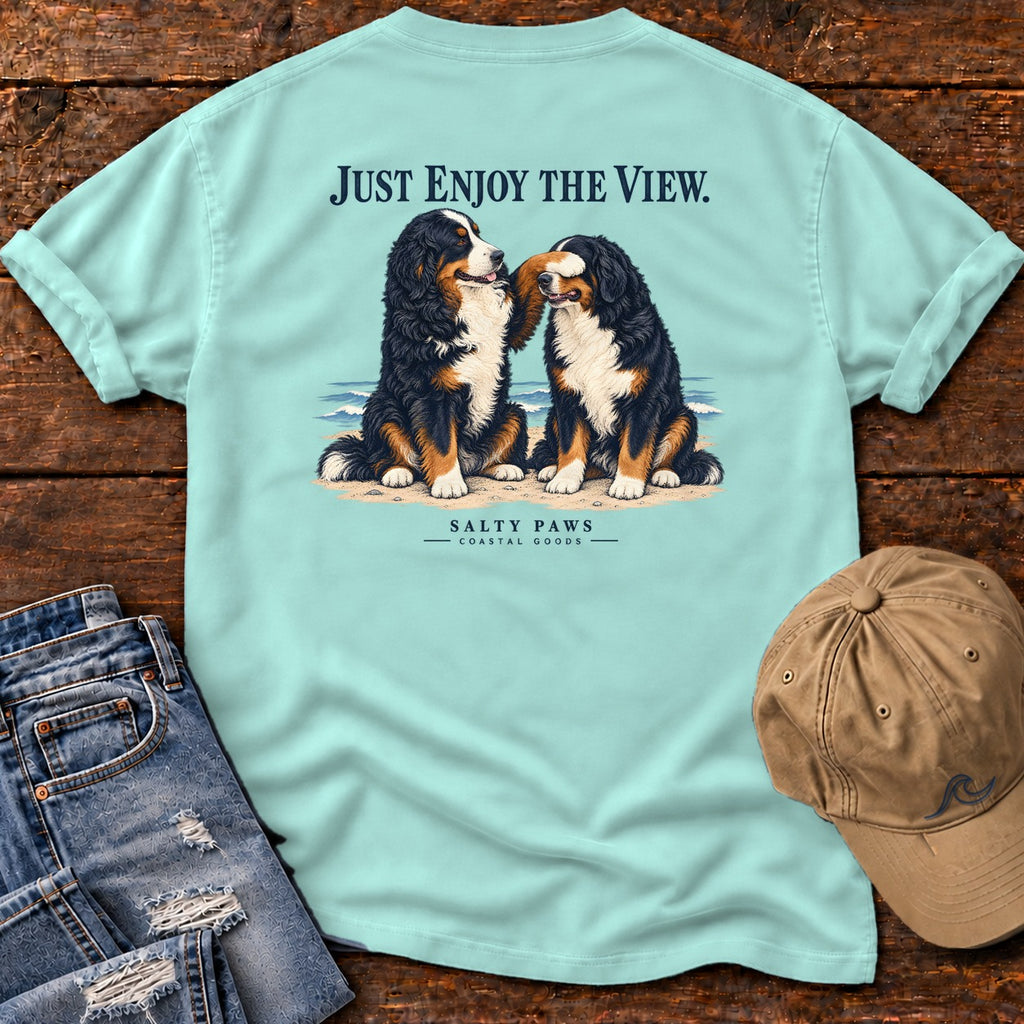 Just Enjoy the View Bernese Back Design T-Shirt in Chalky Mint, Salty Paws Comfort Colors T-Shirt, back design flat lay