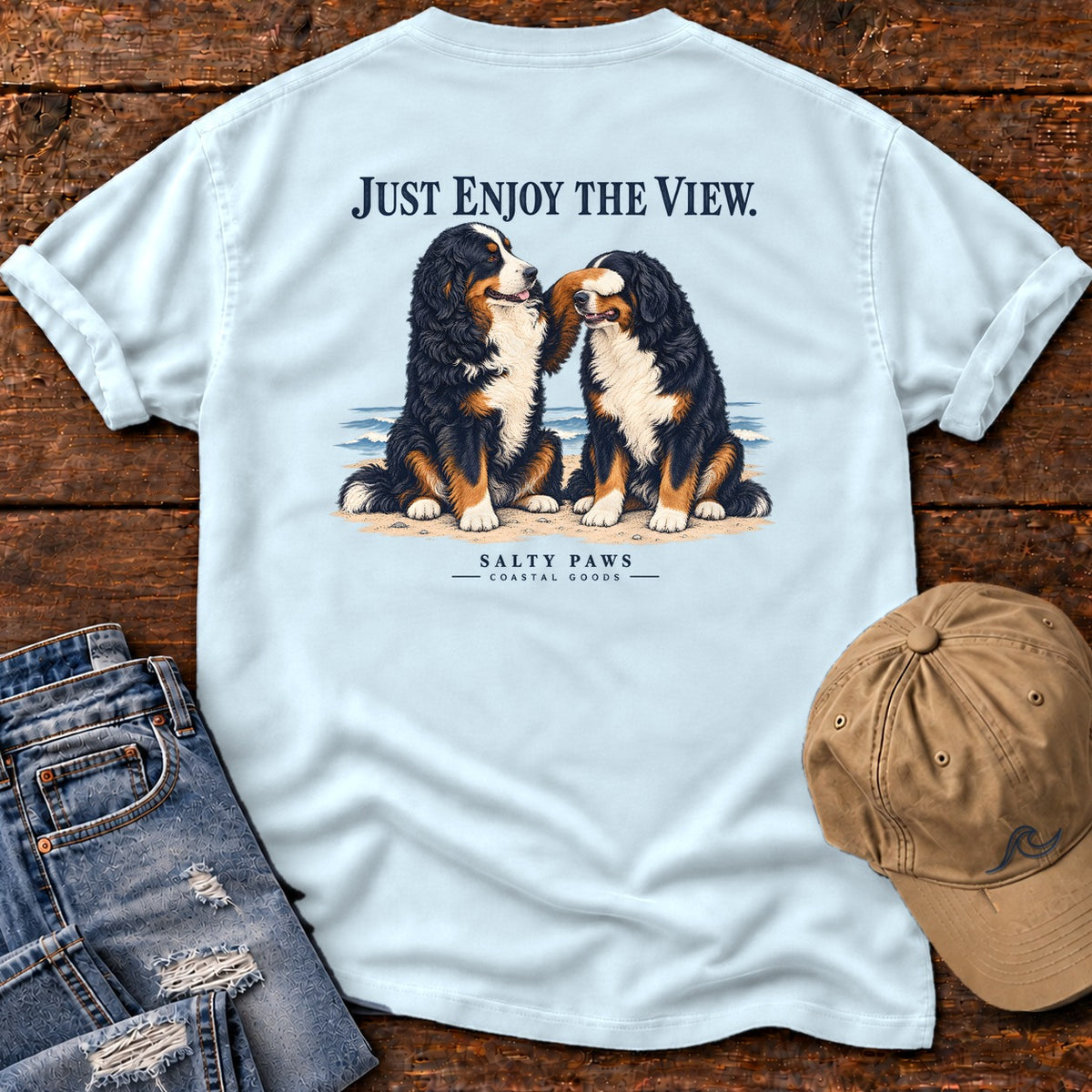 Just Enjoy the View Bernese Back Design T-Shirt in Chambray, Salty Paws Comfort Colors T-Shirt, back design flat lay