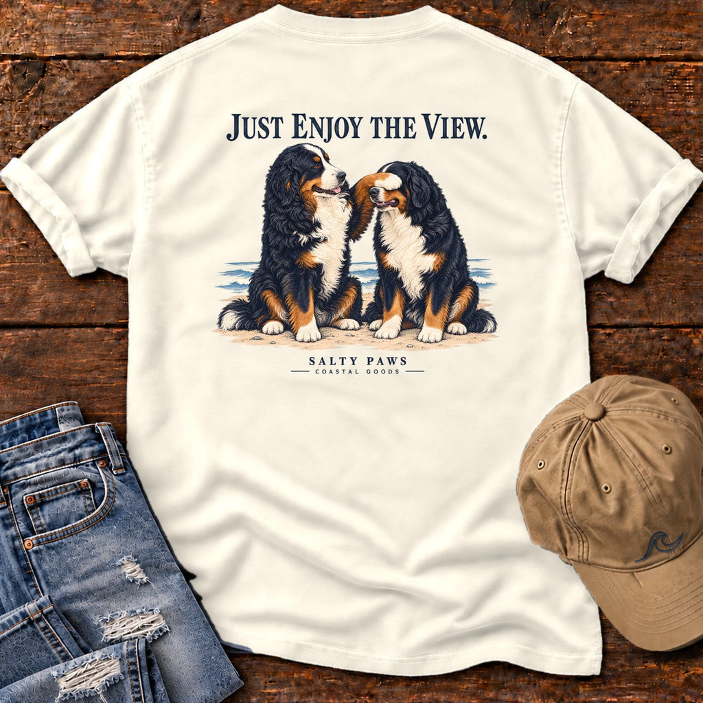 Just Enjoy the View Bernese Back Design T-Shirt in Ivory, Salty Paws Comfort Colors T-Shirt, back design flat lay