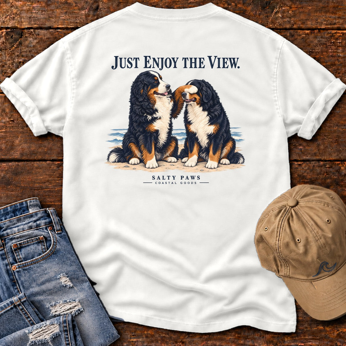 Just Enjoy the View Bernese Back Design T-Shirt in White, Salty Paws Comfort Colors T-Shirt, back design flat lay