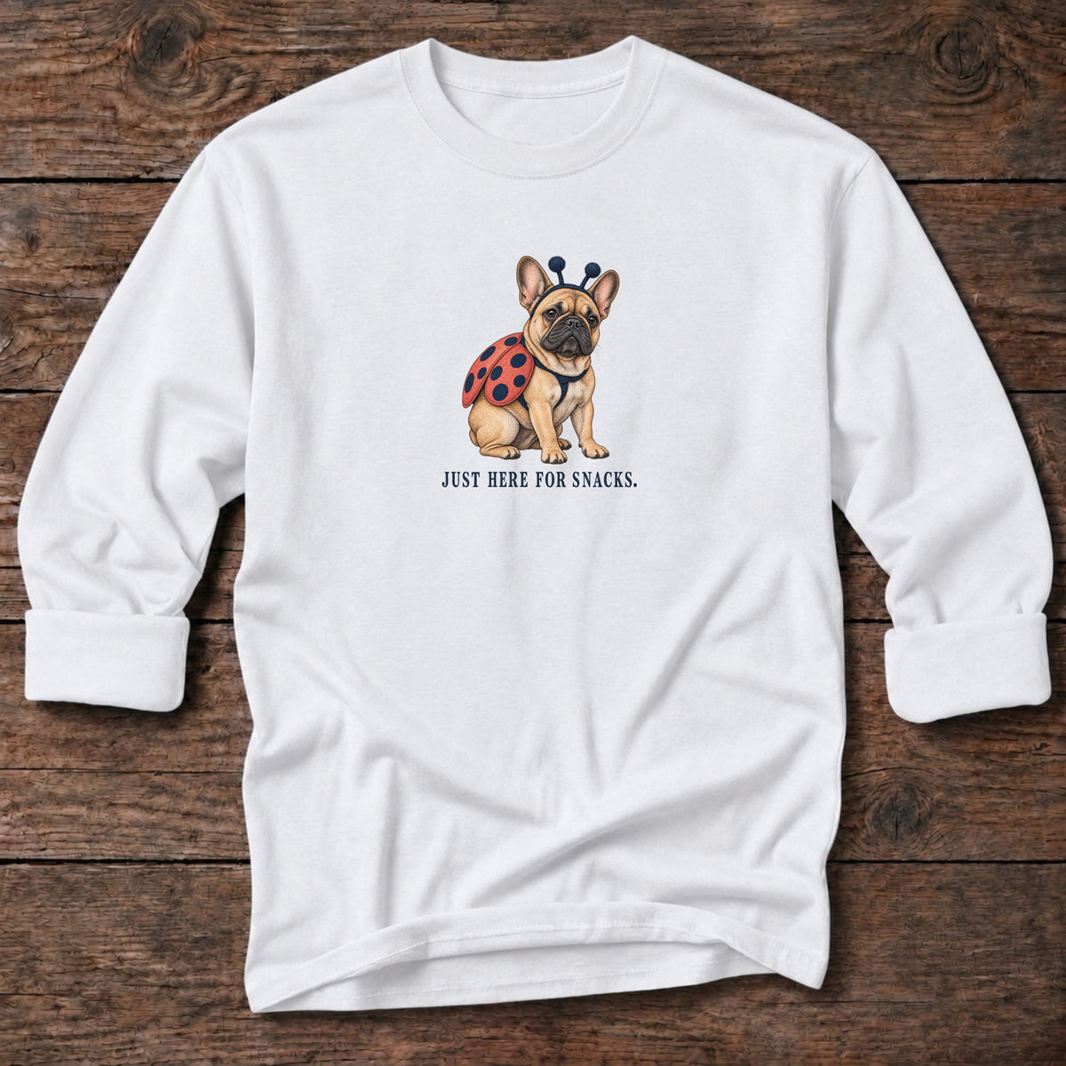 Just Here for Snacks Ladybug Frenchie Long T-Shirt in White, Salty Paws coastal long sleeve tee