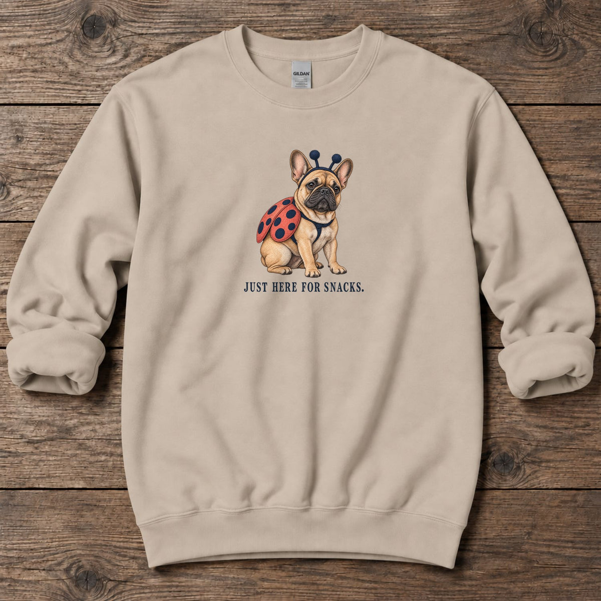 Just Here for Snacks Ladybug Frenchie Midweight Sweatshirt in Sand, Salty Paws coastal sweatshirt
