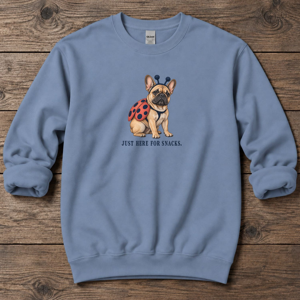 Just Here for Snacks Ladybug Frenchie Midweight Sweatshirt in Stone Blue, Salty Paws coastal sweatshirt