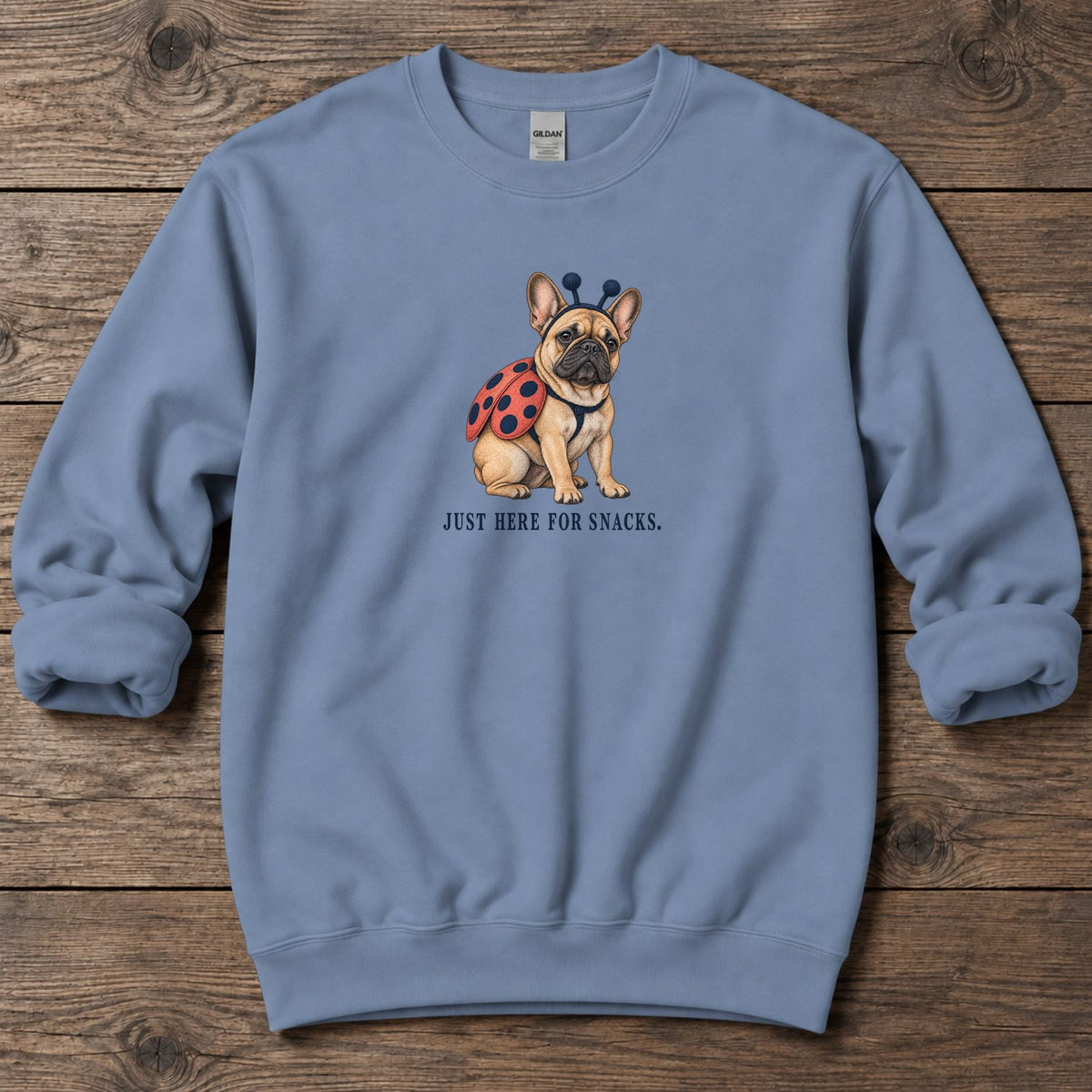 Just Here for Snacks Ladybug Frenchie Midweight Sweatshirt in Stone Blue, Salty Paws coastal sweatshirt
