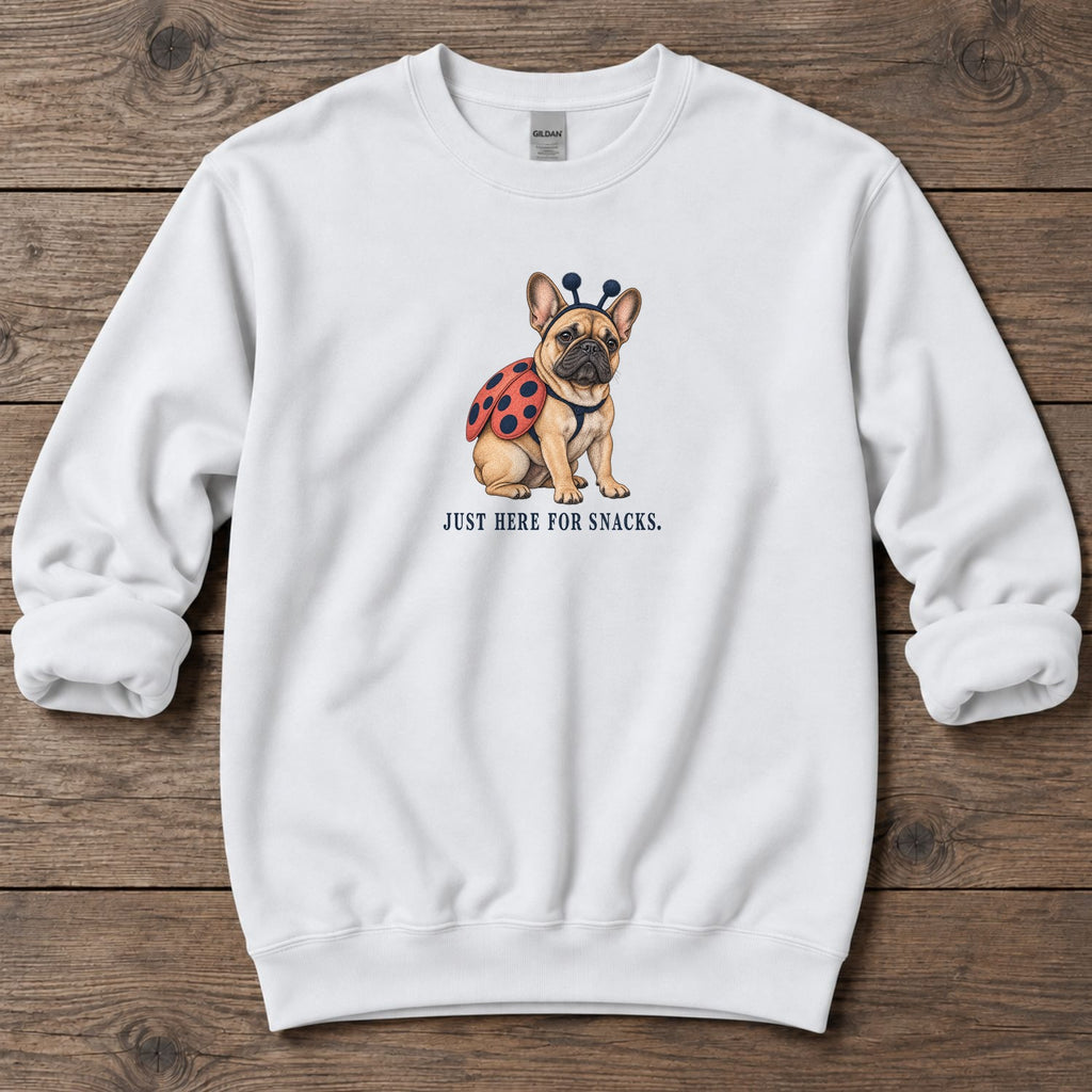 Just Here for Snacks Ladybug Frenchie Midweight Sweatshirt in White, Salty Paws coastal sweatshirt