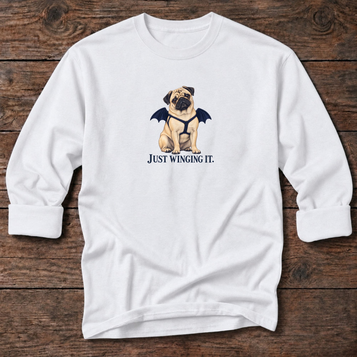 Just Winging It Bat Wings Pug Long T-Shirt in White, Salty Paws coastal long sleeve tee